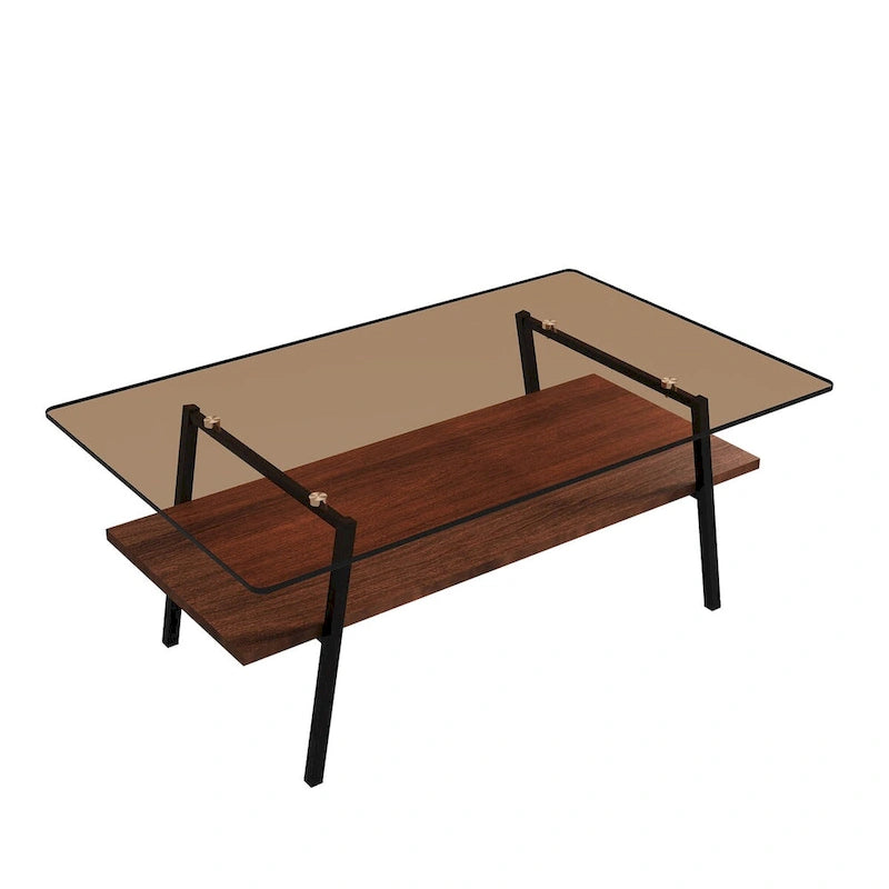 Table basse rectangulaire avec plateau en verre trempé et pieds en métal