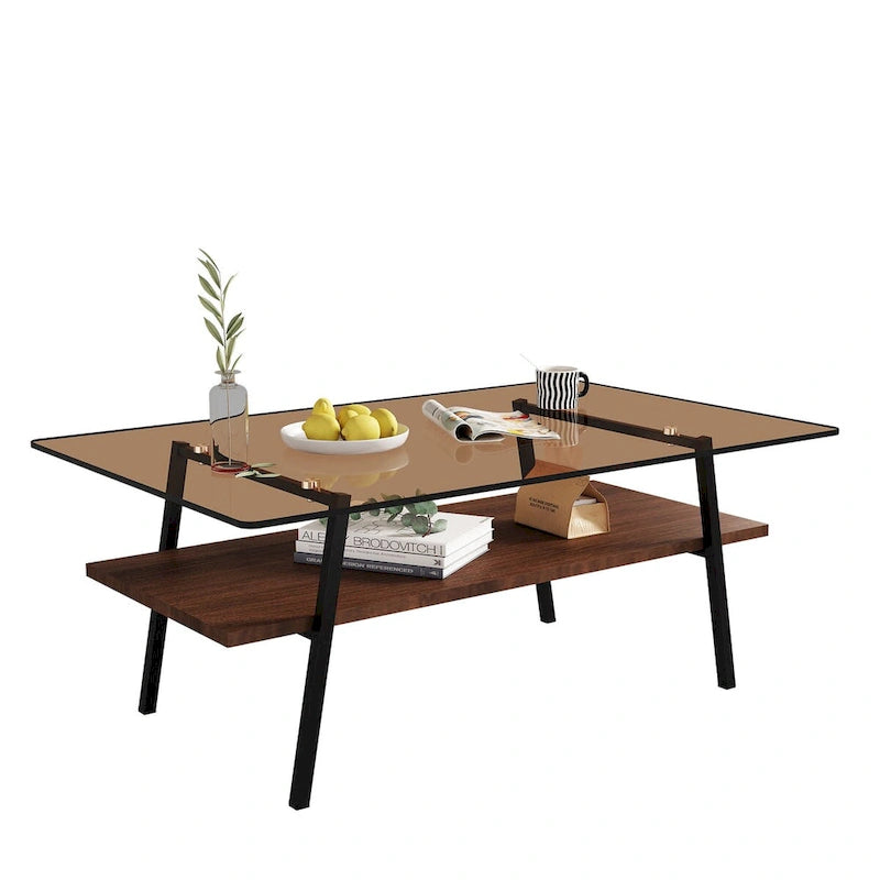Table basse rectangulaire avec plateau en verre trempé et pieds en métal