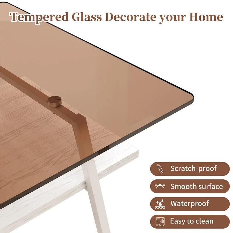 Table basse rectangulaire avec plateau en verre trempé et pieds en métal