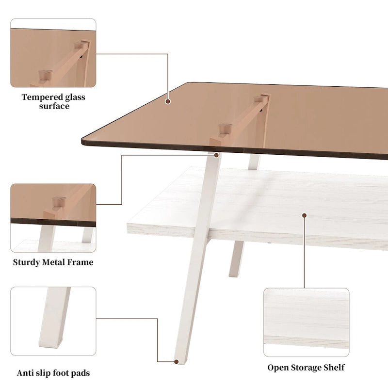 Table basse rectangulaire avec plateau en verre trempé et pieds en métal
