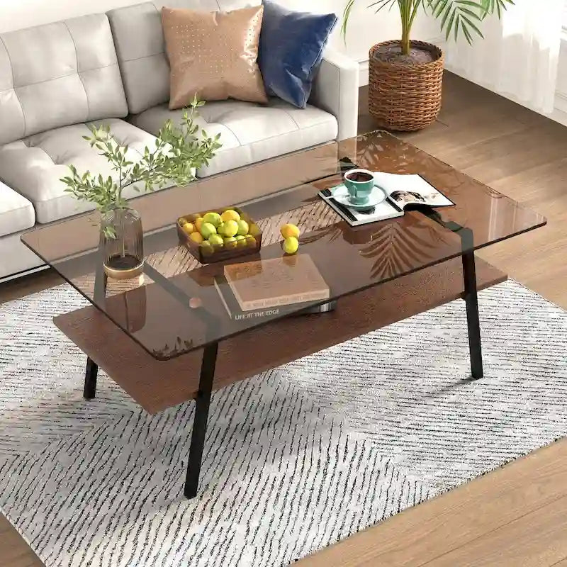 Table basse rectangulaire avec plateau en verre trempé et pieds en métal