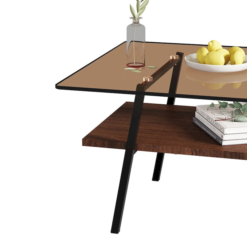 Table basse rectangulaire avec plateau en verre trempé et pieds en métal
