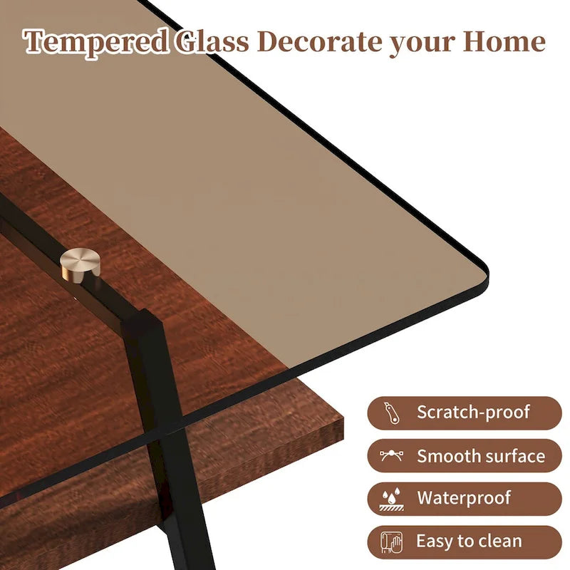 Table basse rectangulaire avec plateau en verre trempé et pieds en métal
