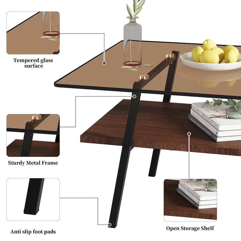 Table basse rectangulaire avec plateau en verre trempé et pieds en métal
