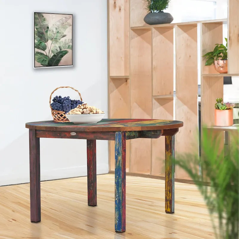 Table de salle à manger ronde 48" en bois de teck recyclé, multicolore