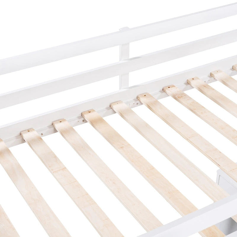 Twin Size Loft Bed with Ladder, Shelves, Solid Wood Loft Bed Frame with 4-Drawers Desk, Box Spring No Required