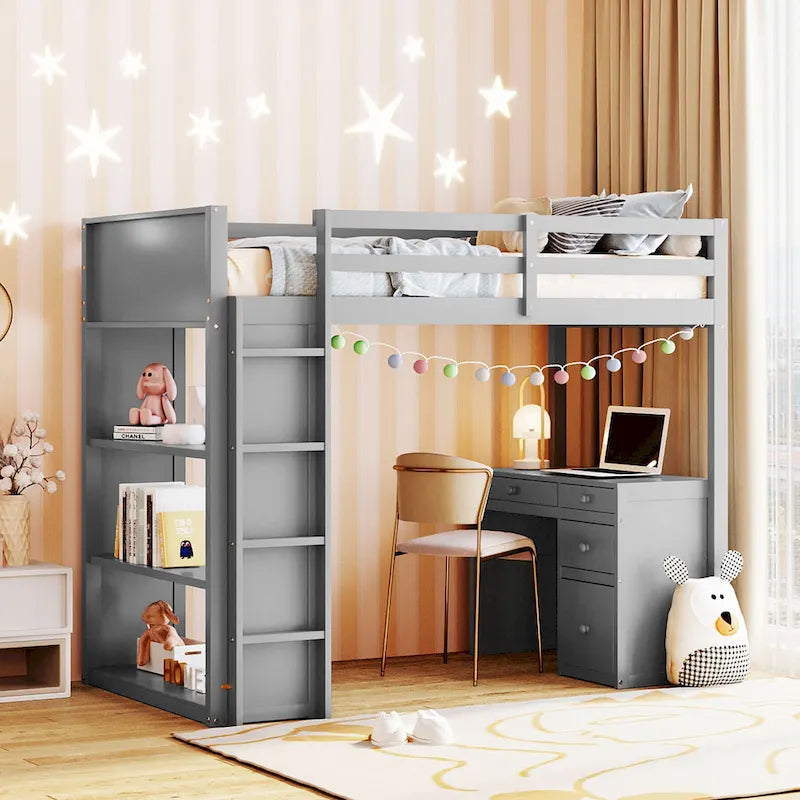 Lit mezzanine simple avec échelle, étagères, bureau 4 tiroirs