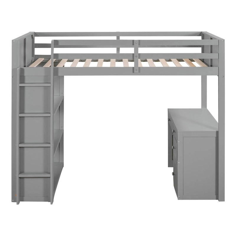 Lit mezzanine simple avec échelle, étagères, bureau 4 tiroirs