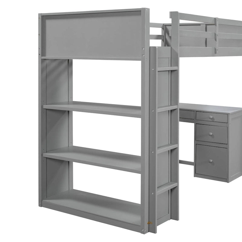 Lit mezzanine simple avec échelle, étagères, bureau 4 tiroirs