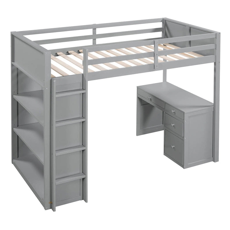 Lit mezzanine simple avec échelle, étagères, bureau 4 tiroirs