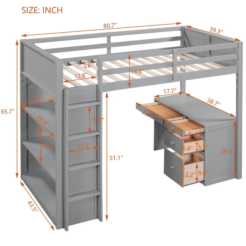 Lit mezzanine simple avec échelle, étagères, bureau 4 tiroirs