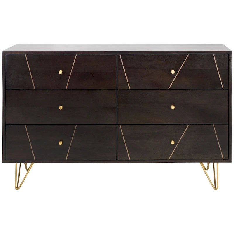Commode à 6 tiroirs en bois de manguier avec incrustation en laiton et pieds épingle