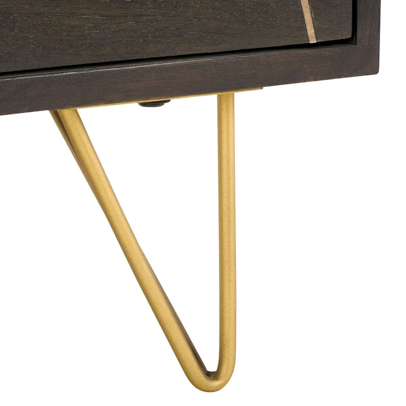 Commode à 6 tiroirs en bois de manguier avec incrustation en laiton et pieds épingle
