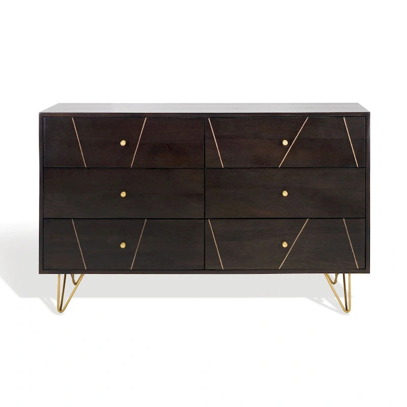 Commode à 6 tiroirs en bois de manguier avec incrustation en laiton et pieds épingle